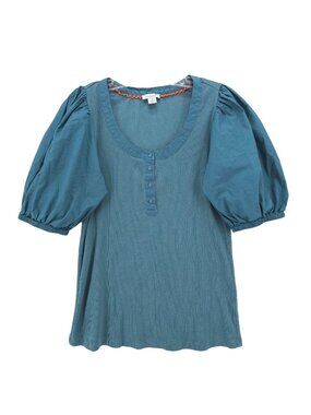 SUNDANCE Blue Puff Sleeve Top Tee Ribbed Stretch Knit Size SMALL